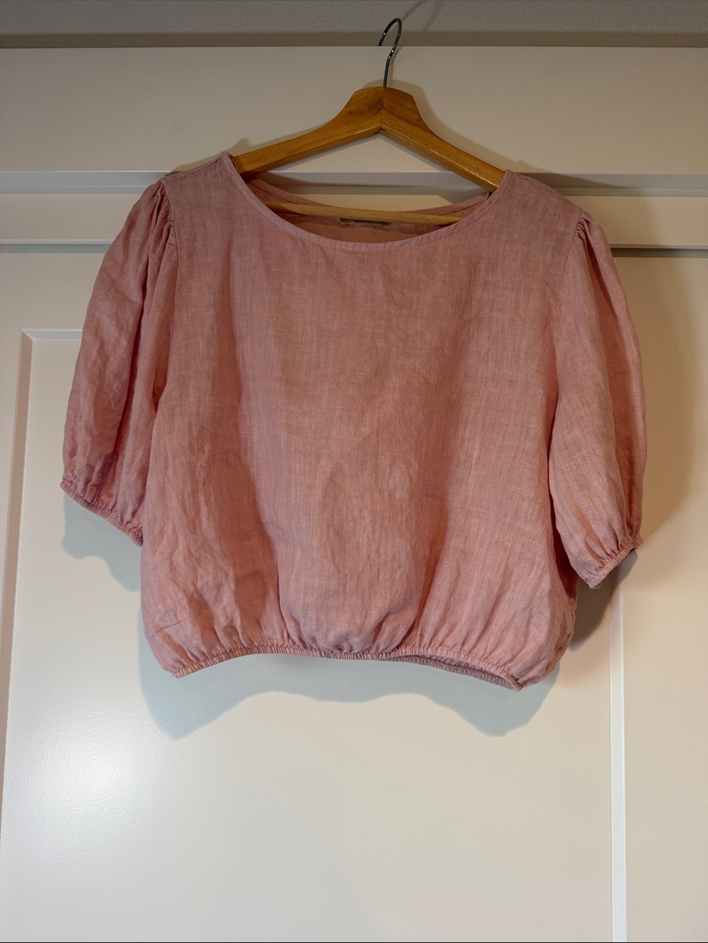 Bellambia Relaxed Pink 100%  Linen Short Sleeve Crop Blouse